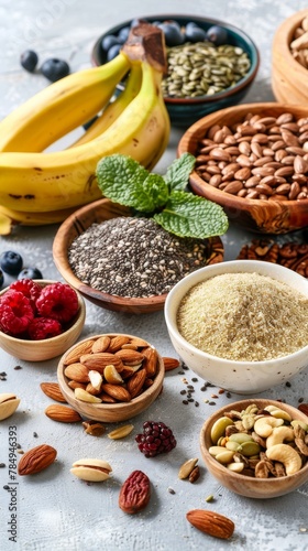 Assorted superfoods on a solid colored background. A variety of superfoods in small bowls  surrounded by fresh fruits  nuts  and vegetables  highlighting a healthy lifestyle