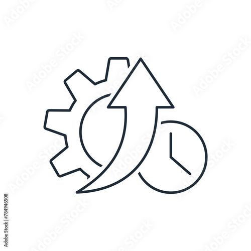 Time and gear with up arrow. Fast progress. Vector linear icon isolated on white background.