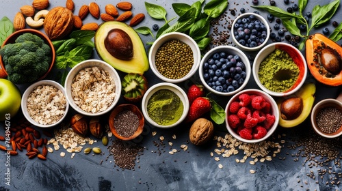 Assorted superfoods on a solid colored background. A variety of superfoods in small bowls, surrounded by fresh fruits, nuts, and vegetables, highlighting a healthy lifestyle