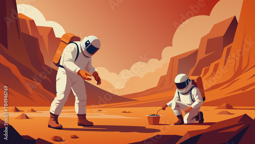 Against the backdrop of a vast barren canyon a team of astronauts carefully collect samples of the rustcolored soil. With each scoop they