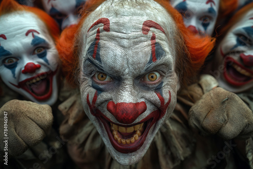 A clown with a red nose and white face is smiling and surrounded by other clowns