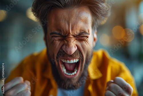 A man with a beard and a yellow shirt is yelling and smiling