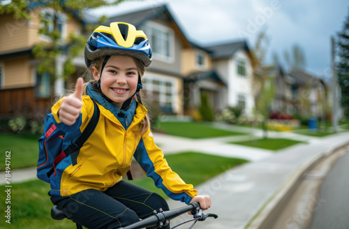 A young girl wearing yellow and blue bike gear, giving a thumbs up while riding her bicycle on an outdoor sidewalk in front of her home with green grass near residential houses