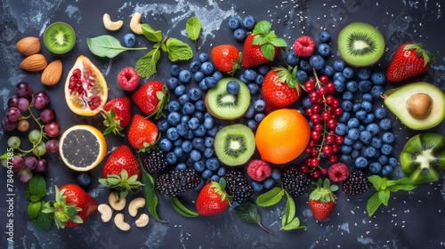 Assorted superfoods on a solid colored background. A variety of superfoods in small bowls, surrounded by fresh fruits, nuts, and vegetables, highlighting a healthy lifestyle © Merilno