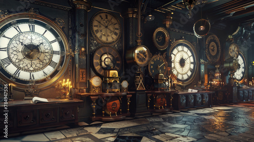 Amidst a collection of mystical clocks, time bends to unveil the secrets of bygone eras As each second ticks, the essence of various civilizations is vividly portrayed 3D Render, Rembrandt Lighting