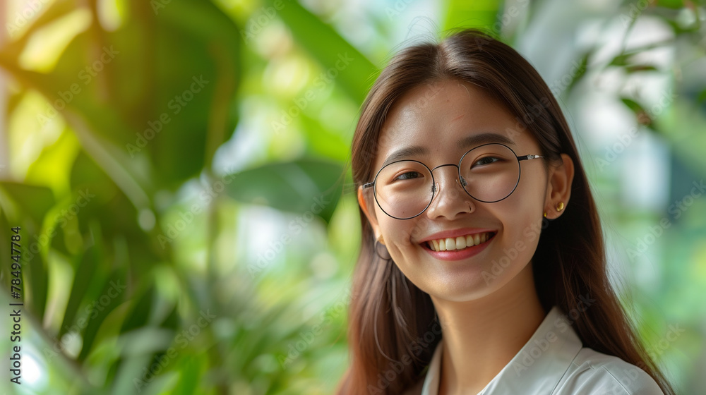 Young confident asian business woman with glasses smiling in corporate background with copy space. Success, career, leadership, professional, diversity in a workplace concept Young confident asian business woman with glasses smiling in corporate background with copy space. Success, career, leadership, professional, diversity in a workplace concept