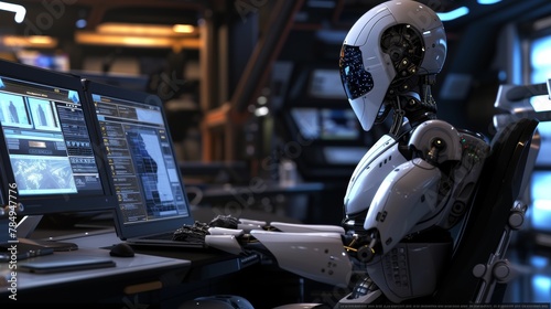 An AI robot sitting on a futuristic desk looking at his computer screen