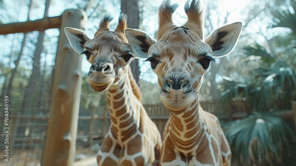 Obraz premium Baby Giraffe Nuzzling Close to Its Mother, Finding Comfort and Security in Her Presence.
