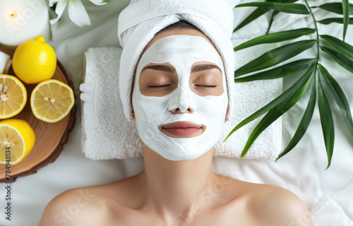 A woman with her eyes closed, wearing a facial mask and towel on her head is lying down in a spa for a skin care treatment of her face skin.