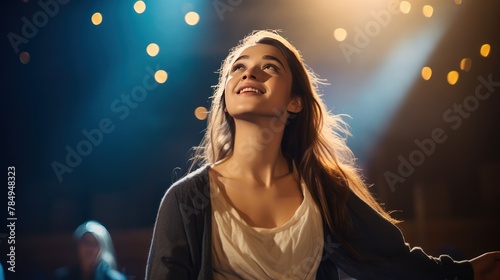 graceful teenage girl performing in a school theater production, captivating the audience with her talent. © CStock