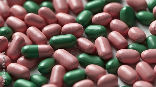 Pink tablets and green capsule and green tablets in blister pack on white background. Painkiller medicine.generative.ai