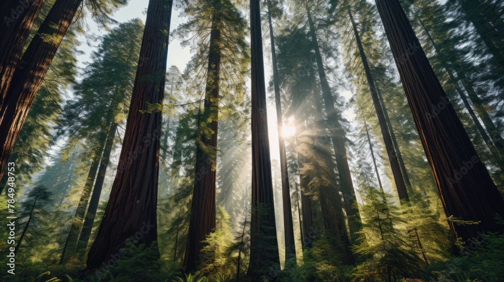 Naklejka premium old-growth forest with towering trees reaching up towards the sky,