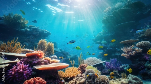 magical underwater world filled with colorful coral reefs, tropical fish, and swaying sea plants.