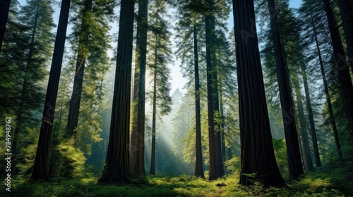 old-growth forest with towering trees reaching up towards the sky, 