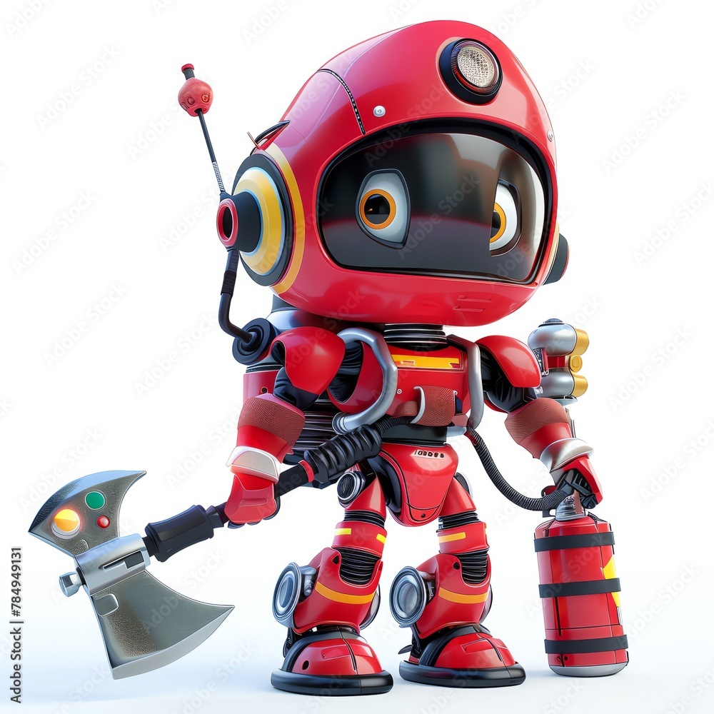 3d illustration of Boy robot firefighter wielding an advanced fire extinguisher and rescue axe, on White background. 3d illustration of Boy robot firefighter wielding an advanced fire extinguisher and rescue axe, on White background.