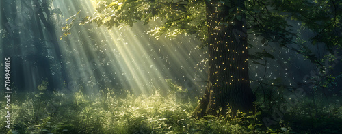 a large tree with bright sun rays in the style of pastoral charm dark green and light green quietly poetic, combining natural and man made elements.