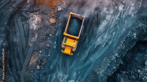 Aerial view Mine industry, excavator and truck for coal quarry, Large quarry dump truck. Big yellow mining truck Open pit at work site