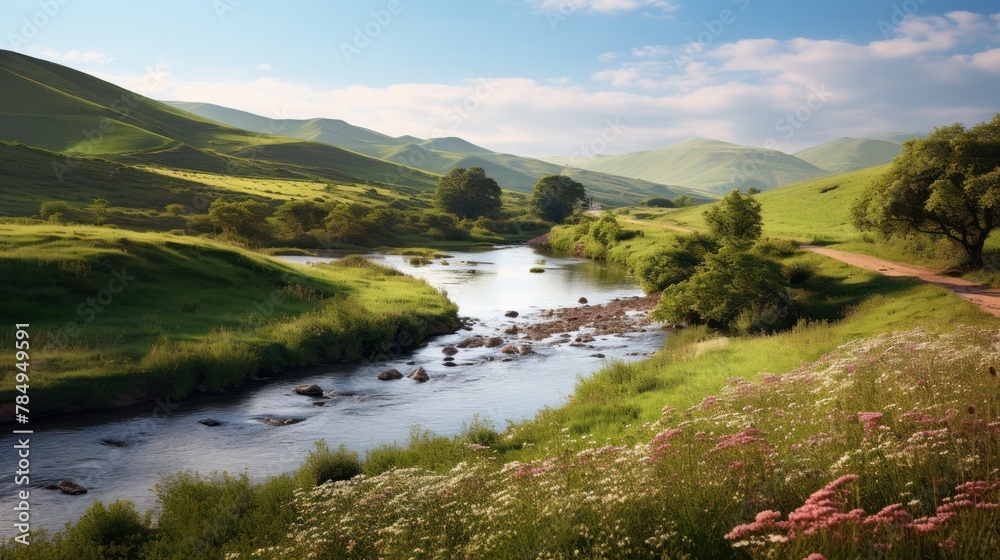 countryside landscape with rolling hills, blooming wildflowers, and a winding river in the distance. 