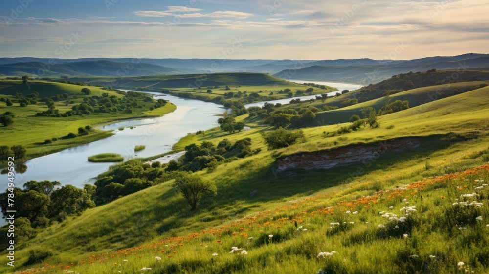 countryside landscape with rolling hills, blooming wildflowers, and a winding river in the distance. 