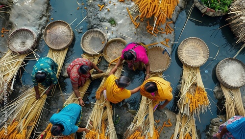 Aerial view of Women at work on the preparation of natural fabric, Barga, Rajshahi, Bangladesh photo