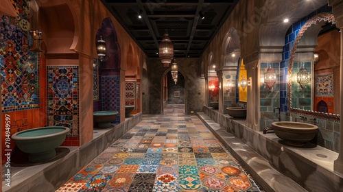 Traditional Moroccan Hammam Interior with Ornate Tiles and Lanterns photo