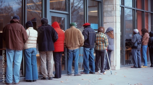 line of people waiting outside a job center or unemployment office, a recession. © CStock