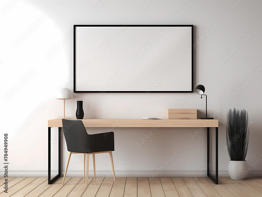 A modern minimalist study room with a light wood desk and chair