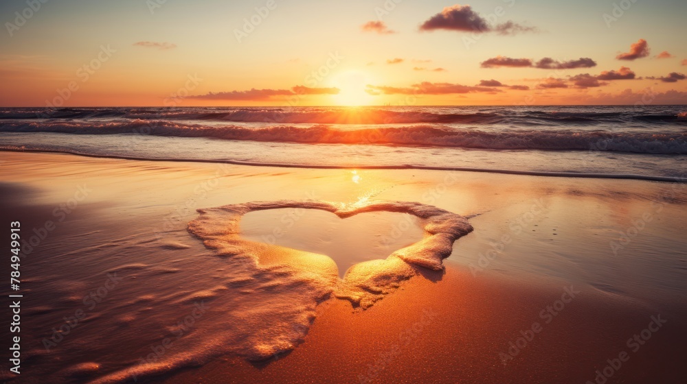 Obraz premium sunset over a tranquil beach, with a heart drawn in the sand and waves crashing gently 