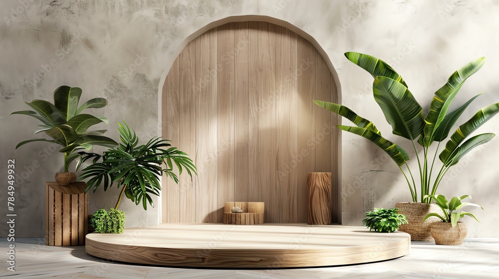 Beautiful round wooden empty podium with space for a product, light brown background, for product stage, skincare product Beautiful round wooden empty podium with space for a product, light brown background, for product stage, skincare product