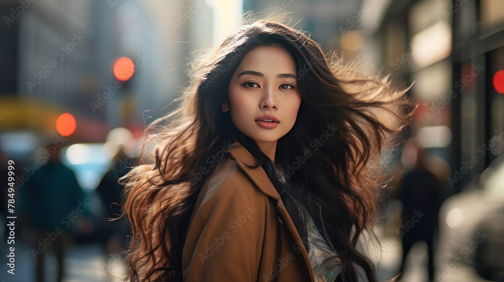 Asian woman with striking eyes and flowing hair, walking gracefully through a vibrant city street. 