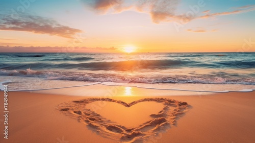 sunset over a tranquil beach, with a heart drawn in the sand and waves crashing gently 
