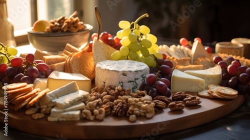 Platter of assorted cheeses, crackers, and grapes, artfully arranged for a sophisticated evening soiree.