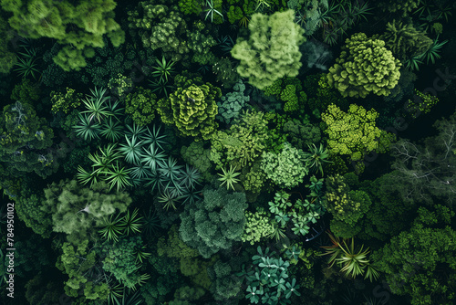 An aerial perspective reveals a dense forest with a multitude of towering trees filling the landscape below  generative AI