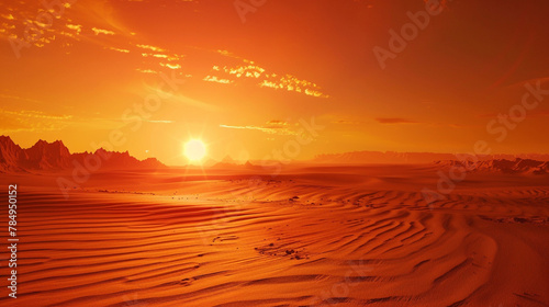 Fiery sun sinking below the horizon,with long shadows across the desert sands.