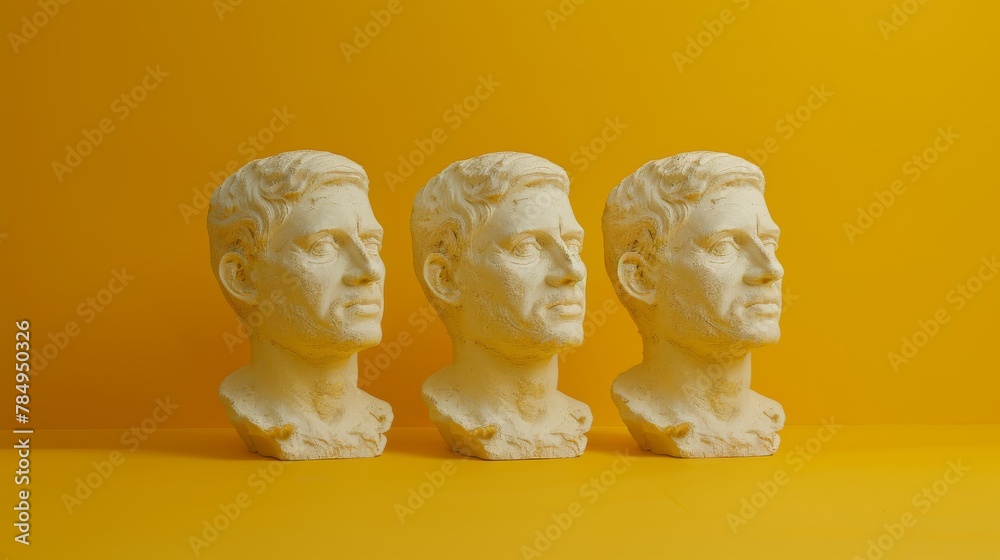 Obraz premium Classical ancient marble gypsum stoic, roman, greek bust, busts head sculpture against a colored background representing historical figures 