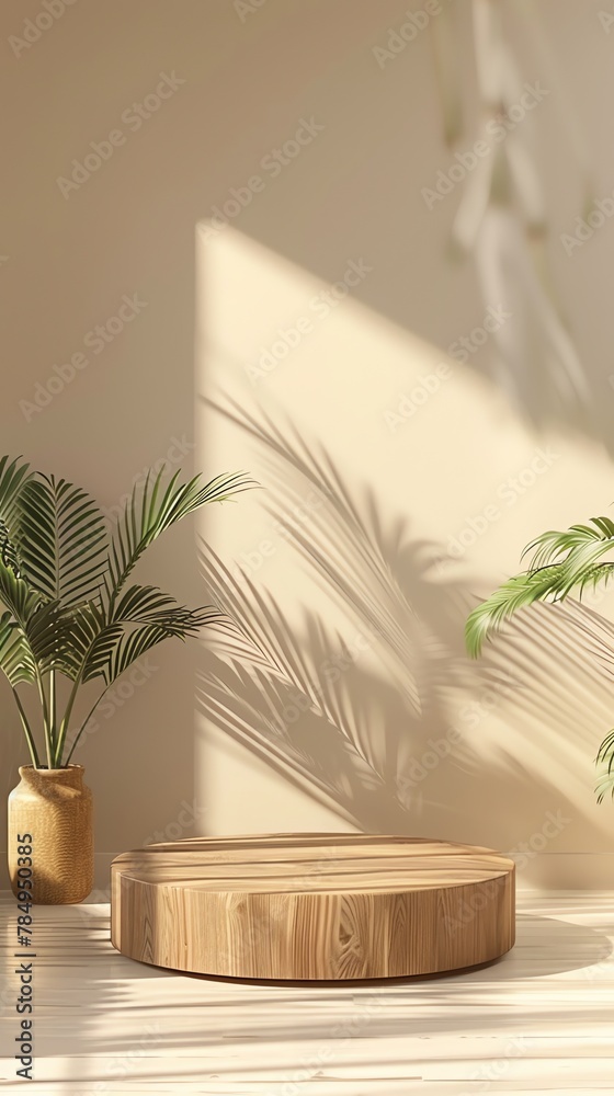 Beautiful round wooden empty podium with space for a product, light brown background, for product stage, skincare product Beautiful round wooden empty podium with space for a product, light brown background, for product stage, skincare product