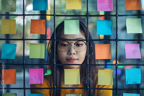 Efficient planning by a woman with sticky notes neat grid soft focused background