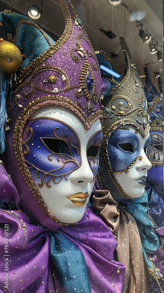 Elaborate carnival masks on sale during a mall festival vivid colors theatrical theme Elaborate carnival masks on sale during a mall festival vivid colors theatrical theme
