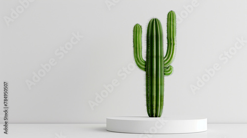 Plain white podium with vibrant green cactus as centerpiece.