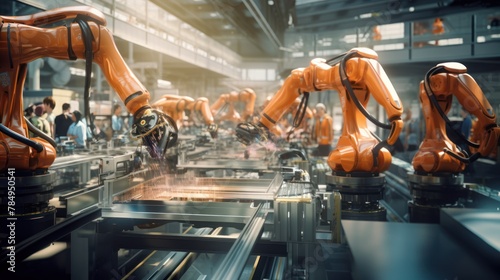 A robotic assembly line in a manufacturing facility, with robots working alongside human workers to optimize efficiency  #784950541