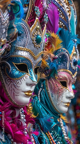 Elaborate carnival masks on sale during a mall festival vivid colors theatrical theme