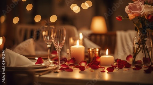 A romantic candlelit dinner setting, with rose petals scattered on the table 
