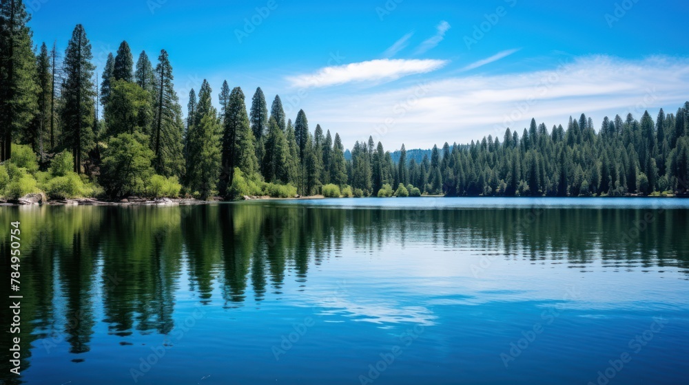lake surrounded by towering pine trees, reflecting the clear blue sky and fluffy white clouds.