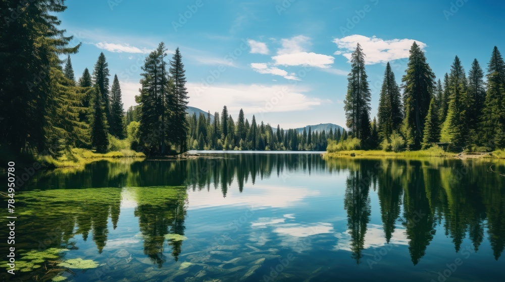 lake surrounded by towering pine trees, reflecting the clear blue sky and fluffy white clouds.