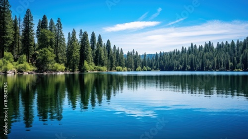 lake surrounded by towering pine trees, reflecting the clear blue sky and fluffy white clouds. © CStock