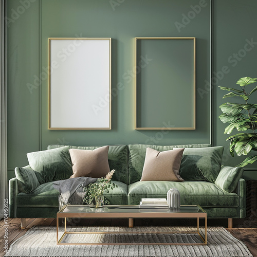 Mock up poster frame in living room modern interior background Green Pastel Color Generative Ai