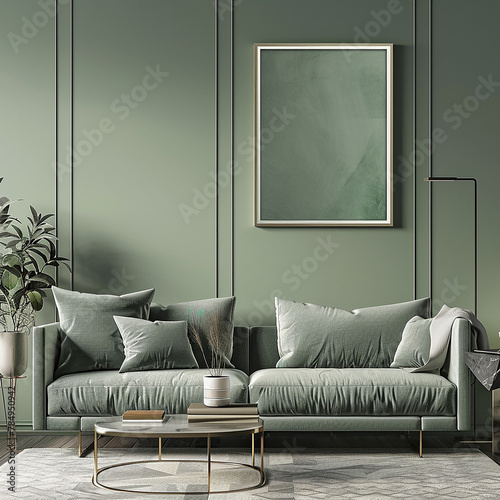 Mock up poster frame in living room modern interior background Green Pastel Color Generative Ai