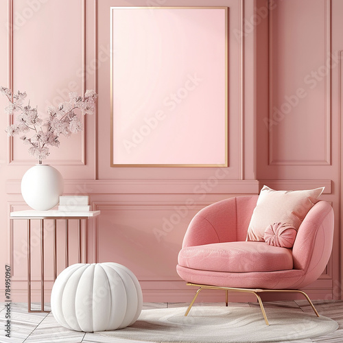 Mock up poster frame in living room modern interior background Pink Pastel Color Generative Ai