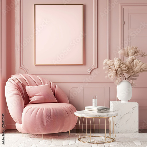 Mock up poster frame in living room modern interior background Pink Pastel Color Generative Ai