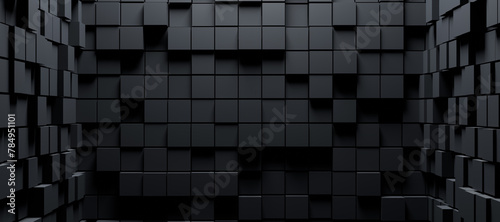 A black image of a room with black cubes on the wall. The image is abstract and gives off a feeling of emptiness and loneliness